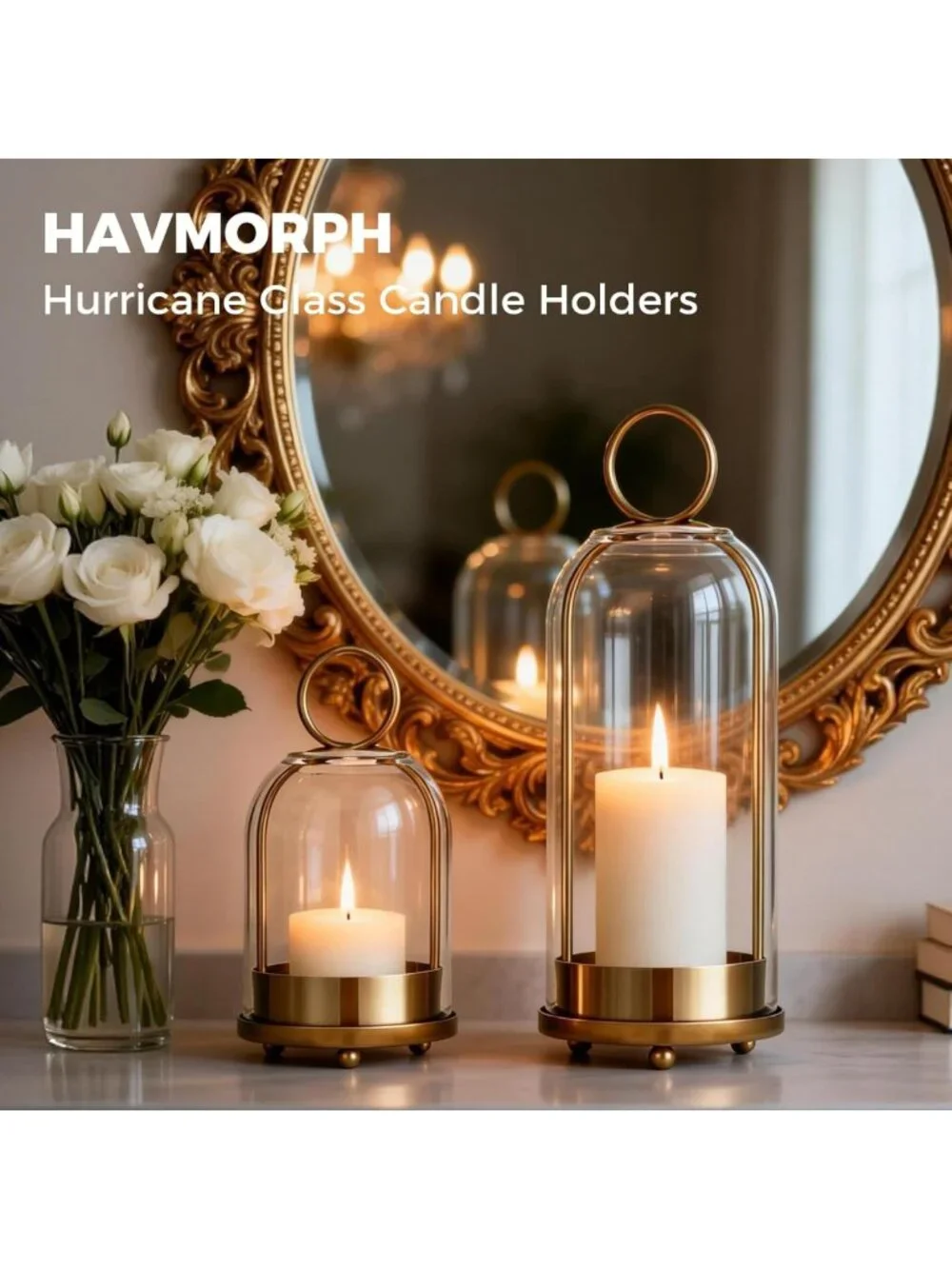 Set of 2 Hurricane Glass Candle Holders - Brass Hanging Pillar Candle Decor